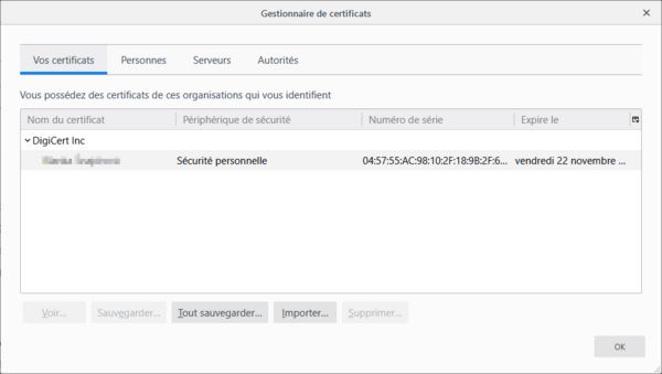 apture d'écran du gestionnaire de certificats de Thunderbird