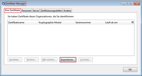 Screenshot Zertifikat-Manager in Thunderbird