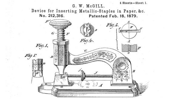 The first stapler was a huge instrument. Note the ornate embellishment (US 212316). Photo: Worldwide Espacenet