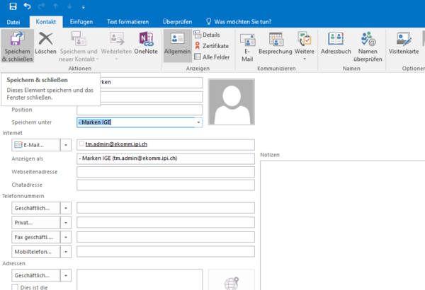 Screenshot Outlook «Speichern»