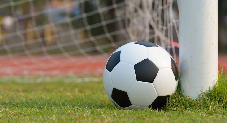 Soccer next to goalpost on green grass field