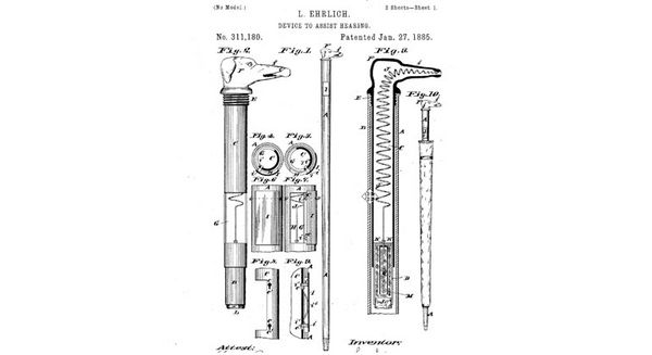 Disegno del 1885 che raffigura un apparecchio acustico ( (US 311180A). Immagine: Worldwide Espacenet