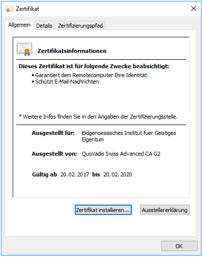 Screenshot mit Informationen zum Zertifikat