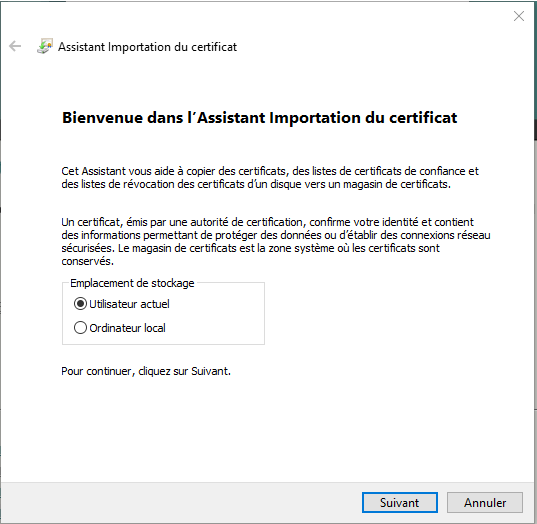 Capture d'écran de l'assistant d'importation du certifica