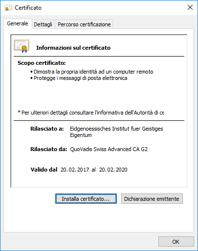Schermata con informazioni sul certificato